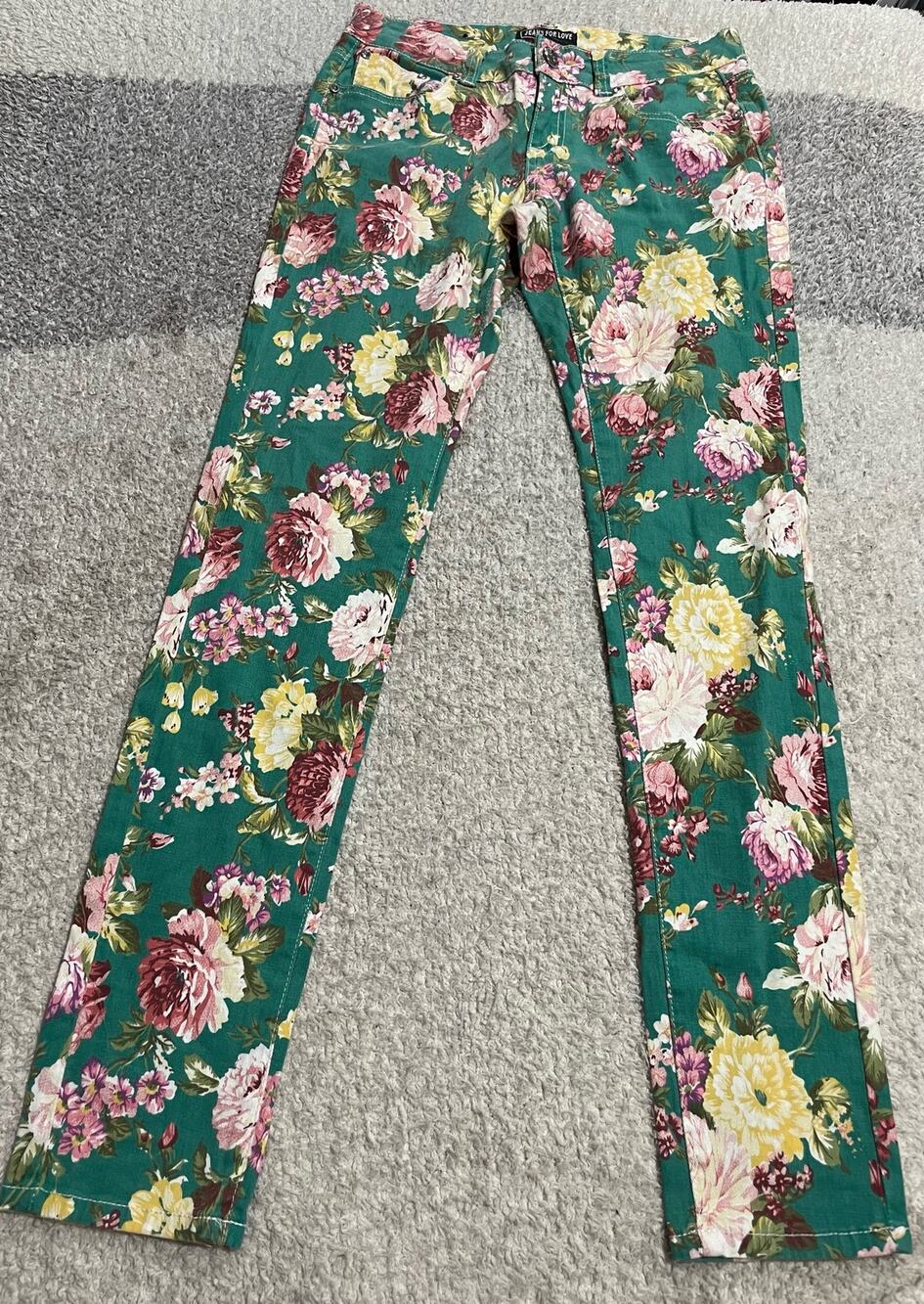 Jeans For Love Women's Size 5 Low Rise Floral Regular Fit Pants Green Denim